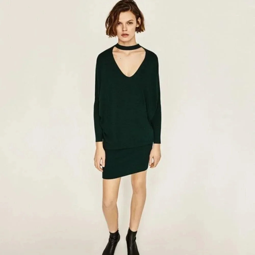 Zara Green Vneck Choker Knit Sweater Dress